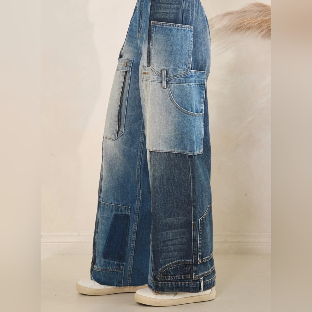 Oli & Hali Upside-Down Wide-Leg Jeans in Light & Dark Blue size Large - Picture 9 of 12